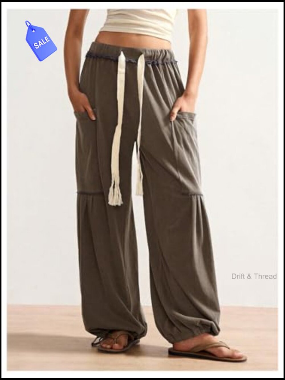 Boho Harem Sweatpants Wide Leg Drawstring Joggers with Pockets - Picture 5 of 6